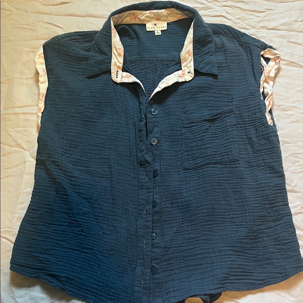 True Craft Navy Textured Button-Down Shirt with Floral Accents